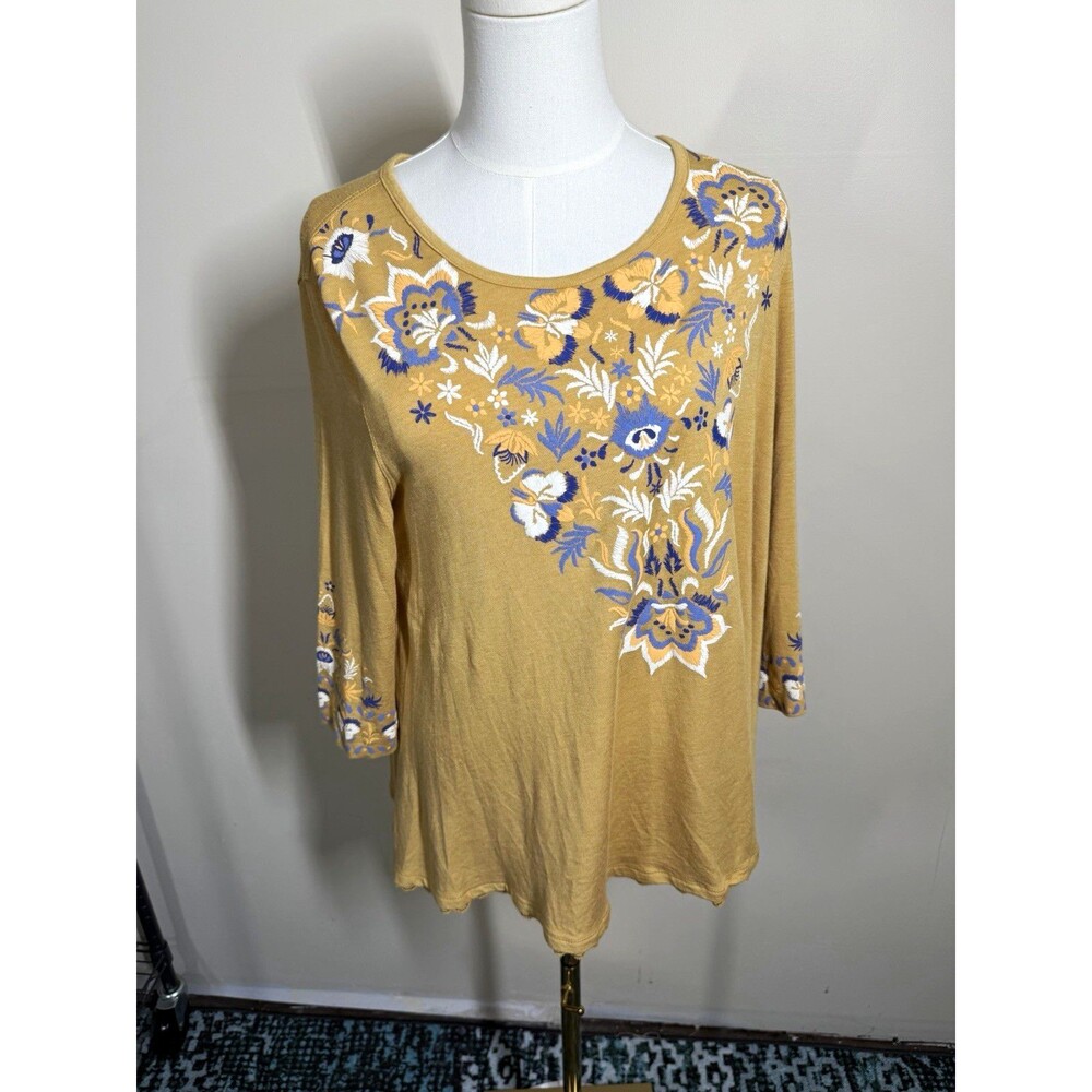 Multiples Womens Blouse PL Petite Tan Floral Embroidered Stretch $69 NEW 356